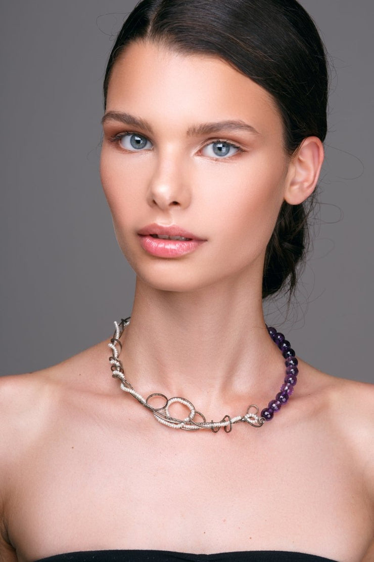 Klobige Halskette mit Amethyst und Perlen - Emmanuela - handcrafted for you-sterlingsilber