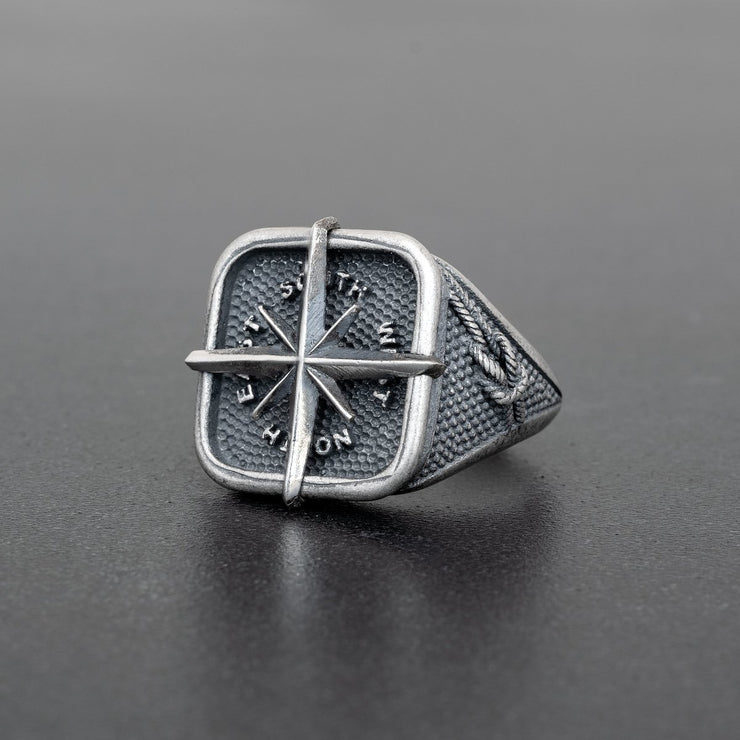 Kompass Ring für Herren aus oxidiert Sterling Silber-Nautisches Design